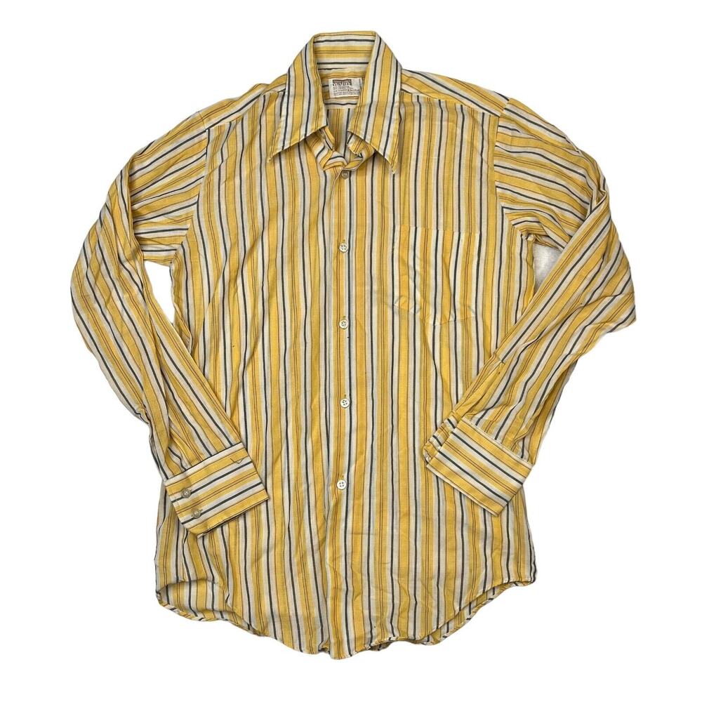 Vintage 80s Striped Spread Collar Button Up Dress Shirt Yellow Mens Small